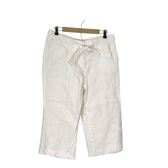 Talbots Pants Womens 14 Petite White Irish Linen Wide Leg Tie Cropped Culottes - Picture 1 of 14